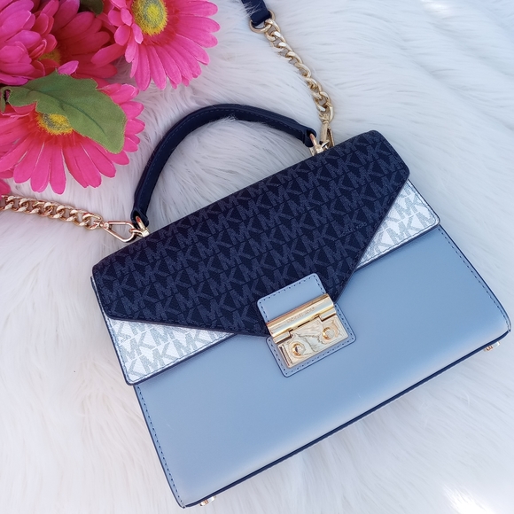 Michael Kors Navy Blue Color Block Logo Sloan Medium Top Handle Satchel - Picture 2 of 16